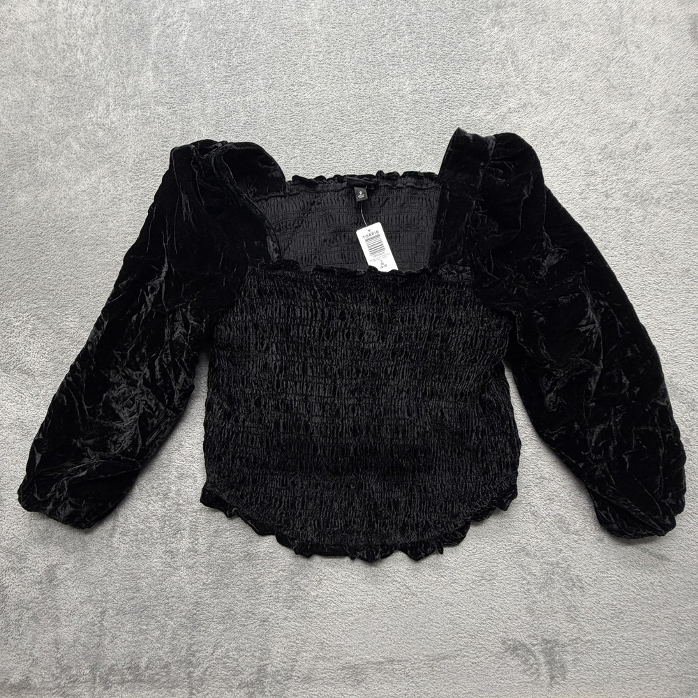 Torrid Blouse Womens 2 Black Velvet Smocked Square Neck Balloon Sleeve Top